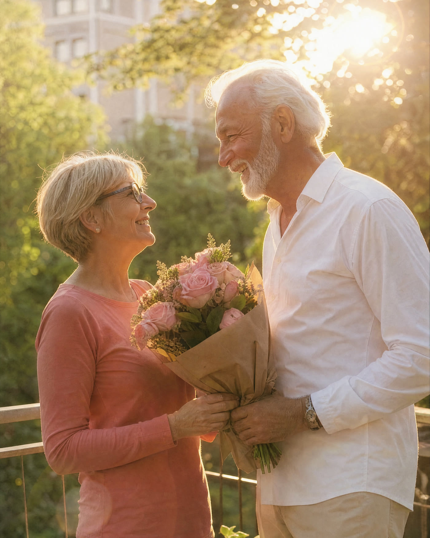 A husband giving his wife roses at golden hour on their anniversary