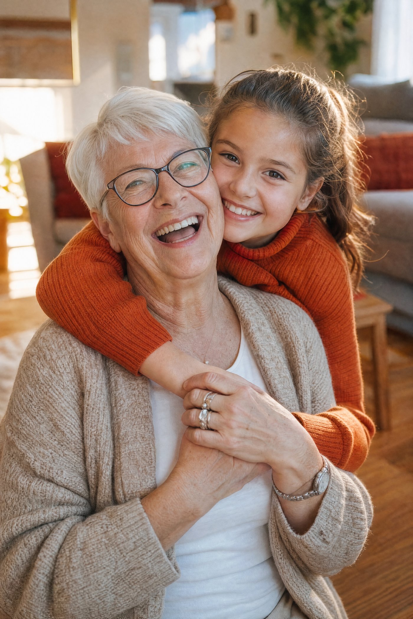 A grandmother and her granddaughter laughing and embracing at home